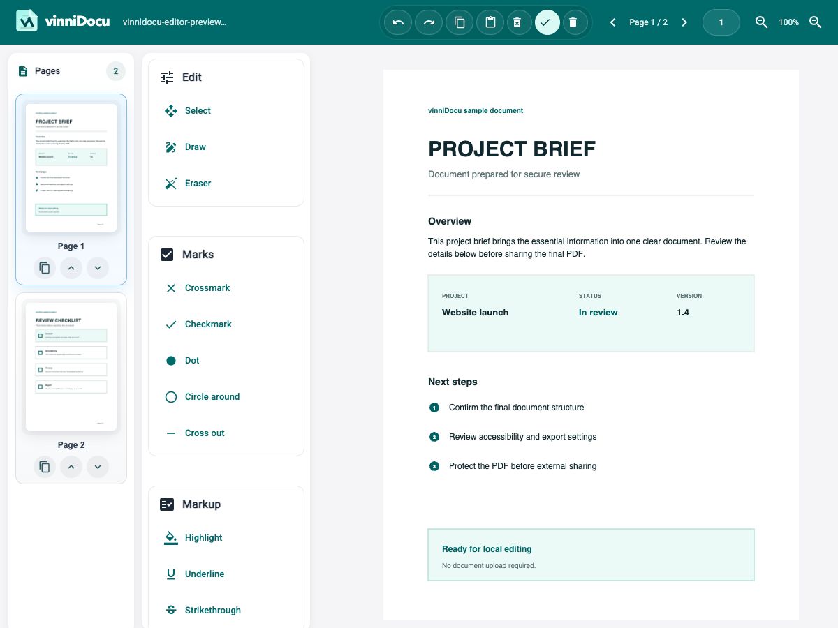 The vinniDocu editor displaying a two-page project brief